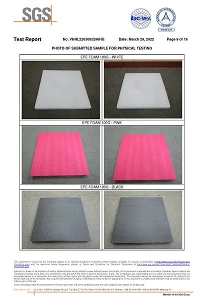 Báo cáo thử nghiệm vật liệu EPE Foam và túi khí chống tĩnh điện do SGS Việt Nam và TUV SÜD thực hiện.