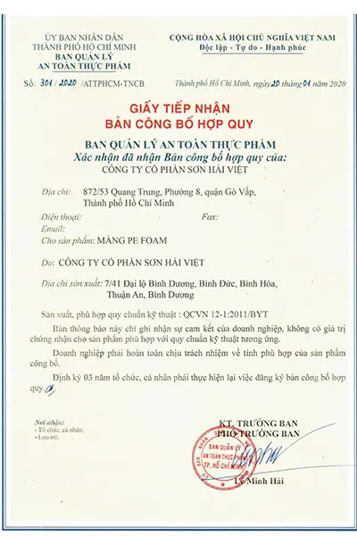 Giấy tiếp nhận bản công bố hợp quy sản phẩm Màng PE Foam do Ban Quản lý An Toàn Thực Phẩm TP.HCM cấp.