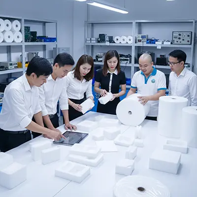 Khách hàng doanh nghiệp điện tử kiểm tra mẫu foam tại xưởng.