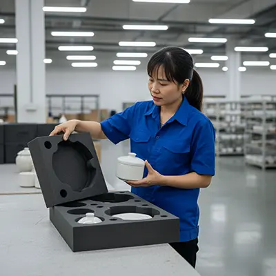 Khách hàng ngành gốm sứ kiểm tra foam trước khi đóng hàng.