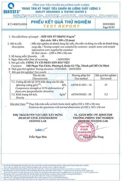 Phiếu kết quả thử nghiệm xốp EPS tỉ trọng 8 kg/m³ do Trung tâm Kỹ thuật Tiêu chuẩn Đo lường Chất lượng 3 (Quatest 3) cấp.